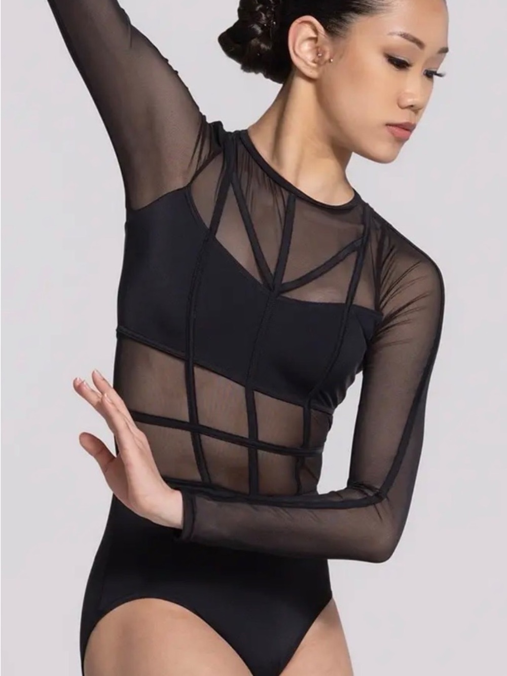 Weissman Black Sheer Long-Sleeve Mesh Bodysuit